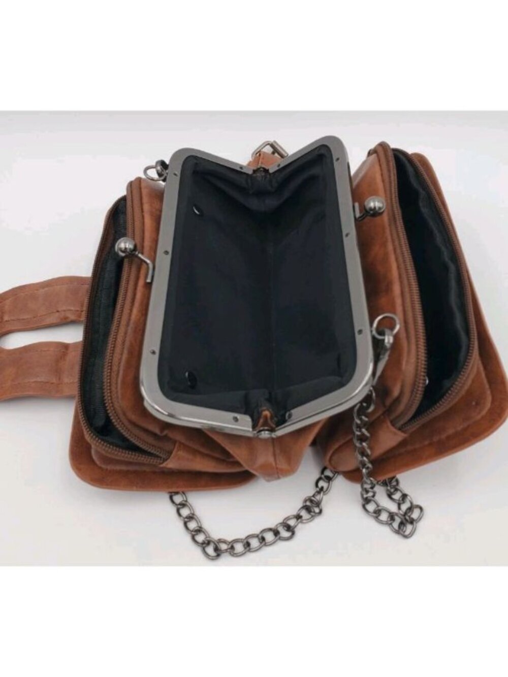 Brown Small Crossbody Wallet Bag, Zip Closure, Studded Hardware, Inner Pockets - Picture 5 of 8